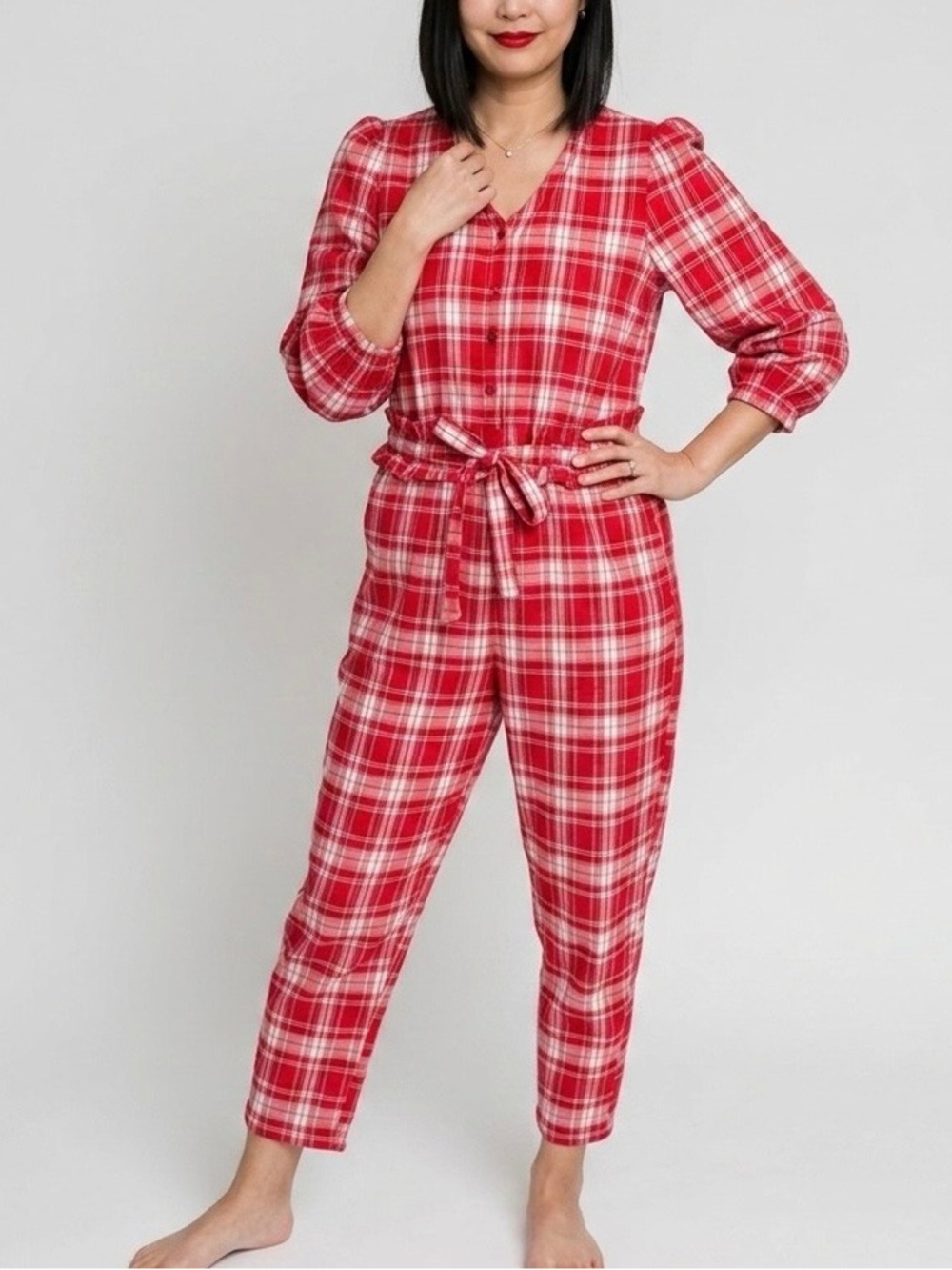 Smash + Tess Red Plaid Long-Sleeve Jumpsuit